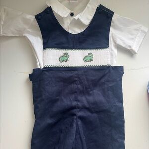 Emily Lacey Navy and White Smocked Dinosaur John John